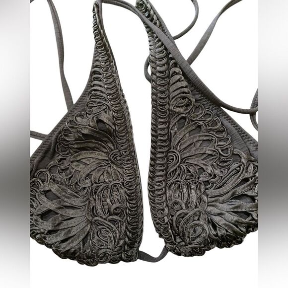 Rare Betsey Johnson Y2K Crochet Gray Cabaret 3 Piece Bikini Set SZ Medium Retro - Picture 10 of 15